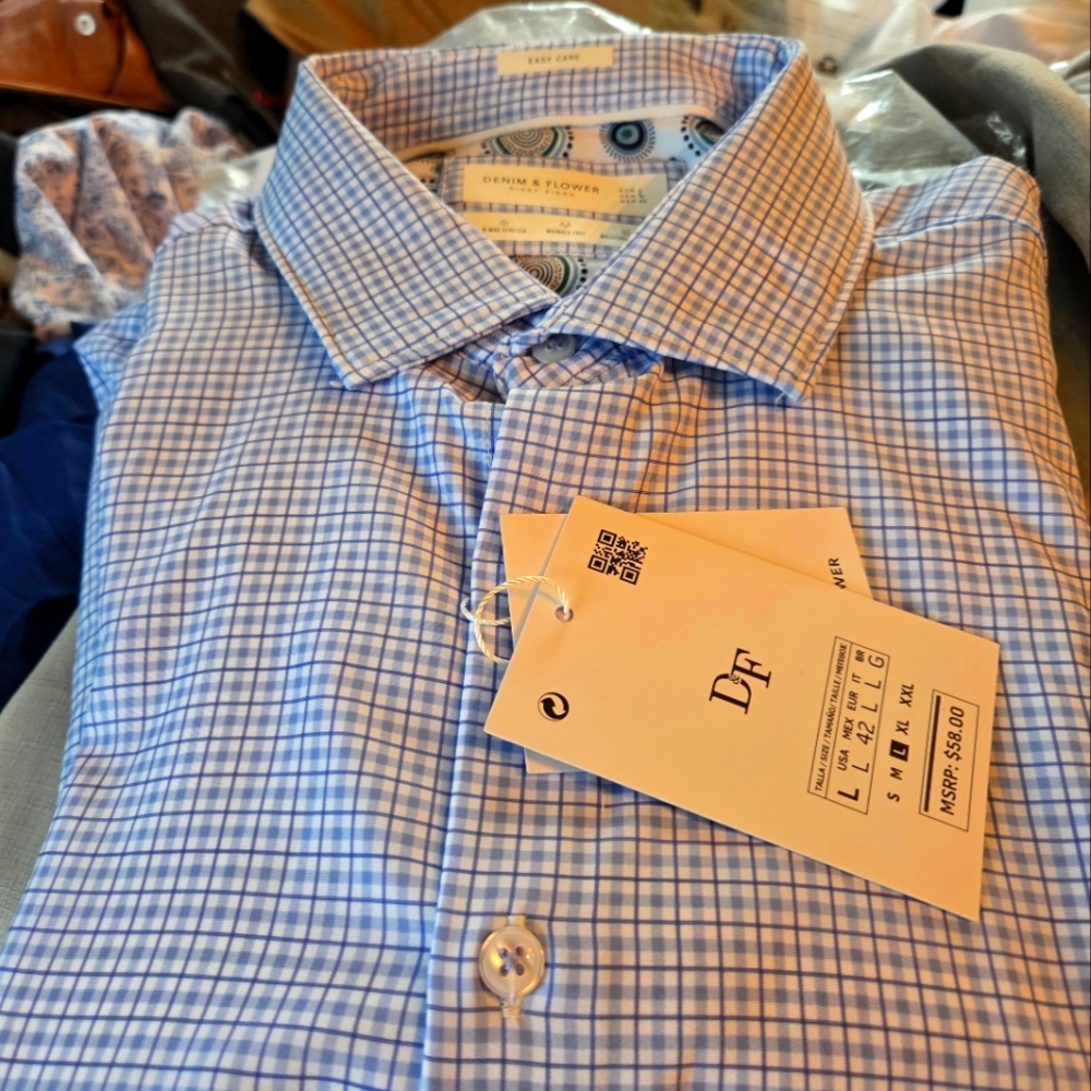 Blue Checkered Men's Dress  Shirt L